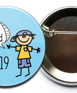 Button Hurra ich bin ein Schulkind Junge blau mit Sicherheitsnadel