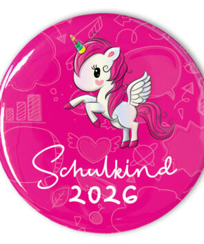 pink Button Schulkind 2026 mit Einhorn