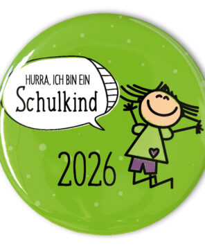 grüner Schulkind-Button 2026 mit Mädchen